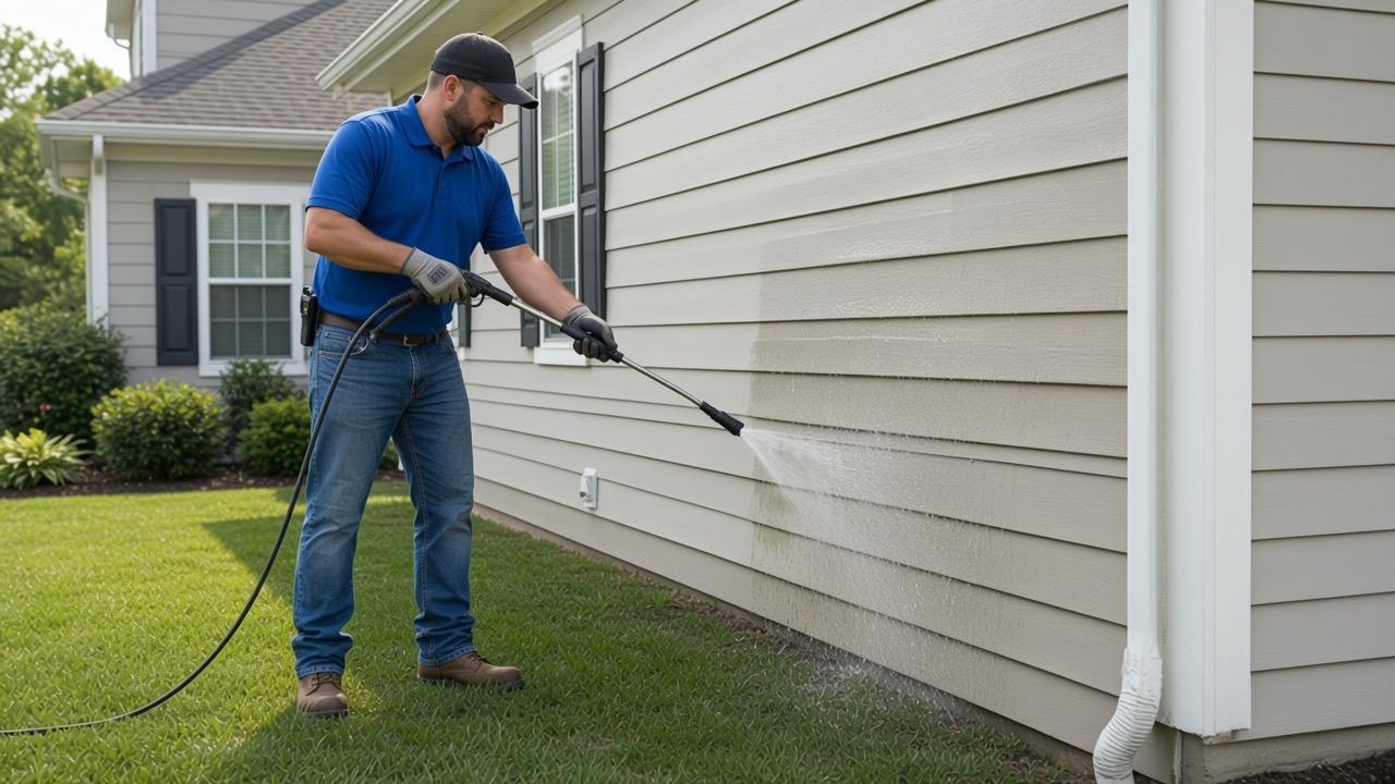 A technician washing beige house siding with a wand, lifting dark streaks.