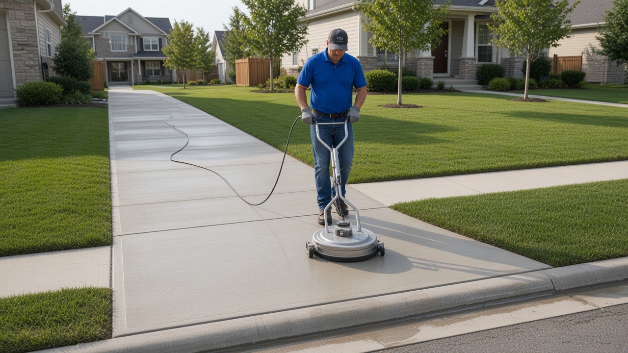 A technician cleaning a concrete sidewalk beside a lawn and curb.