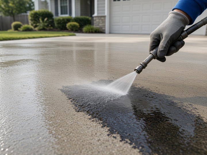 A gloved hand washing a dark oil stain off a driveway.