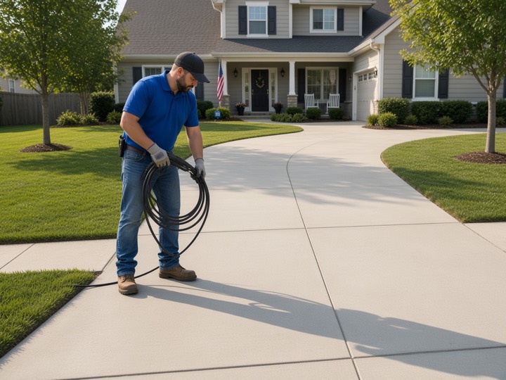 A worker coiling a hose on a clean driveway in front of a house.