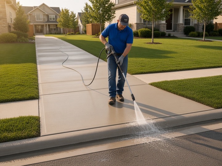 A worker rinsing the gutter along a residential curb.