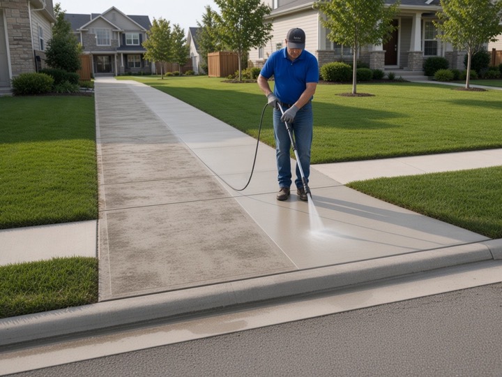 A worker washing a stained sidewalk beside a curb.