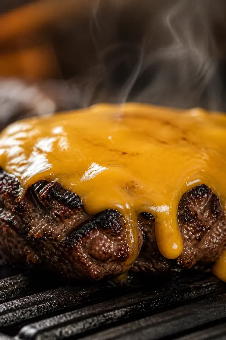 Close-up of melted cheese on a burger patty