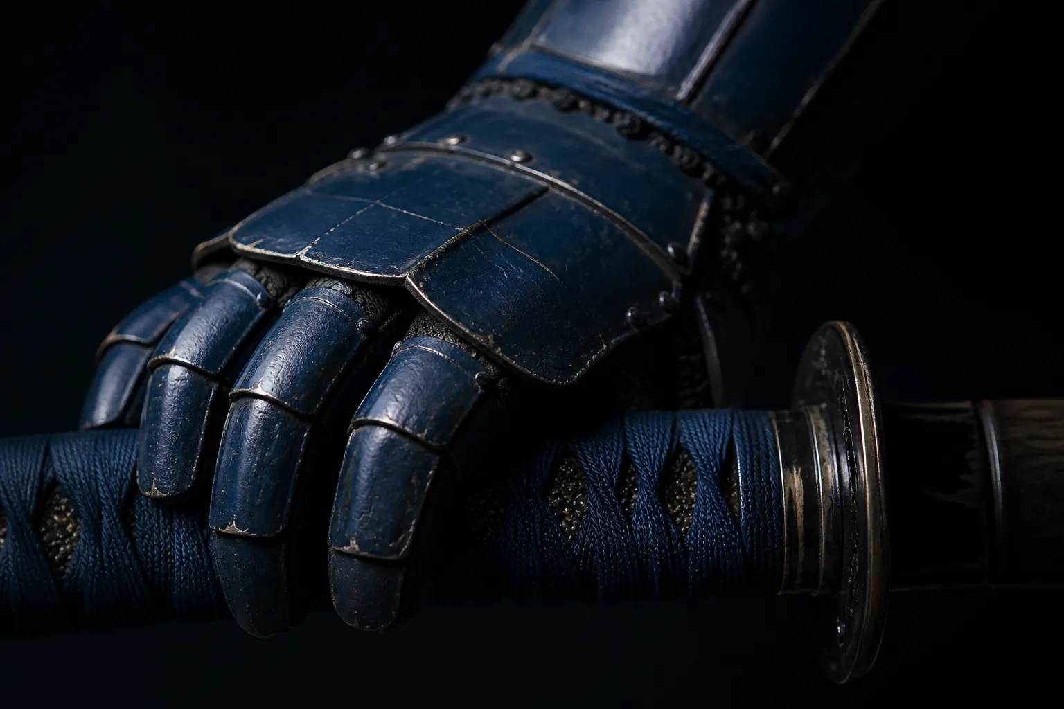 A dark blue armoured gauntlet resting on the wrapped hilt of a katana.